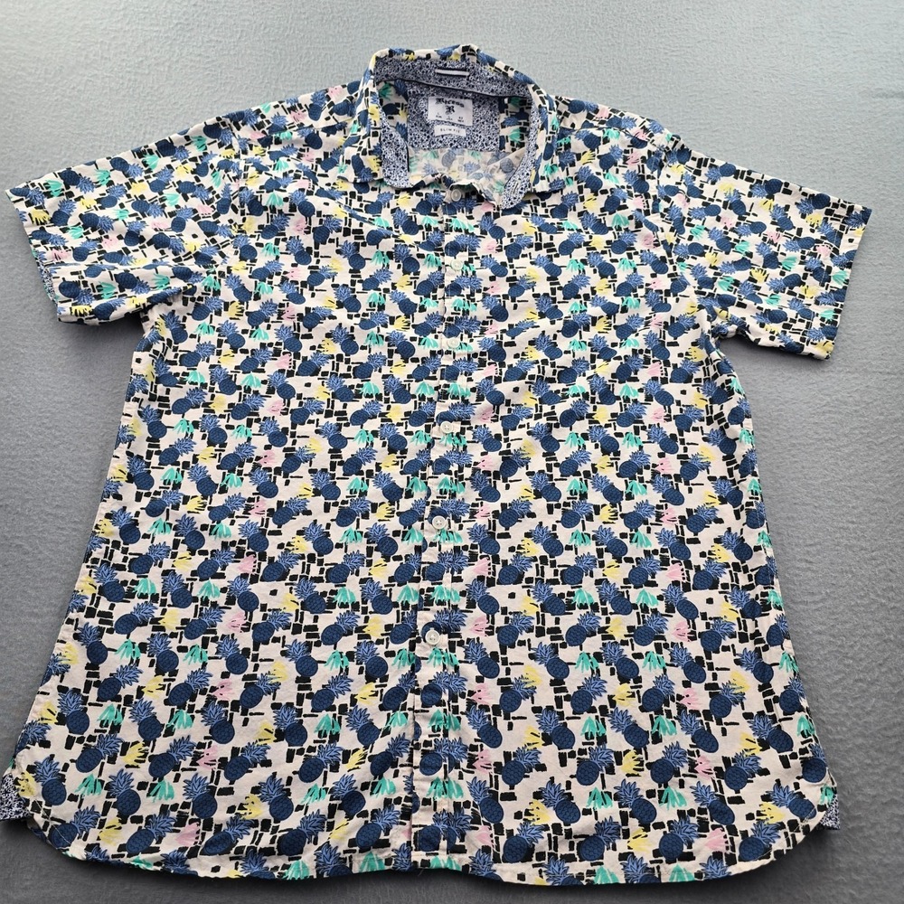 Recess Slim Fit Shirt Mens Large White Blue All Over Pineapple Print Button Up